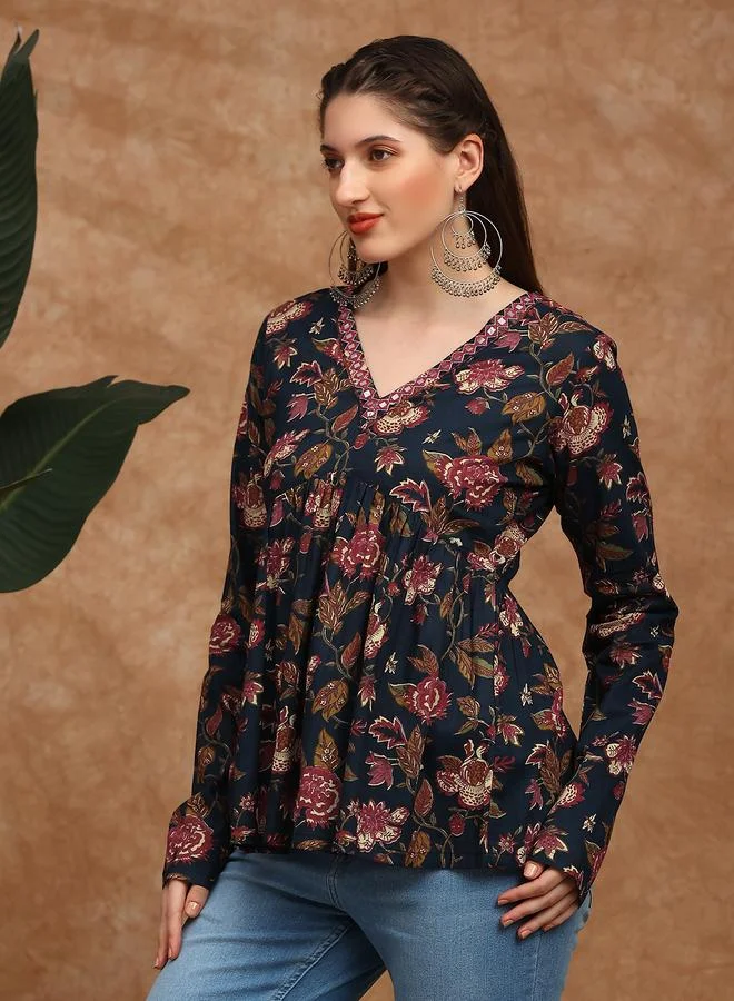 جلو باص تونيك مطرز بطبعة زهور